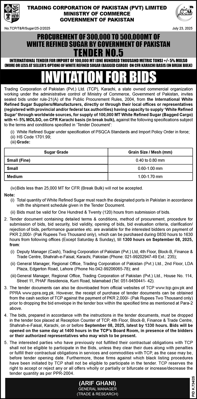 Trading Corporation of Pakistan Tender Notice